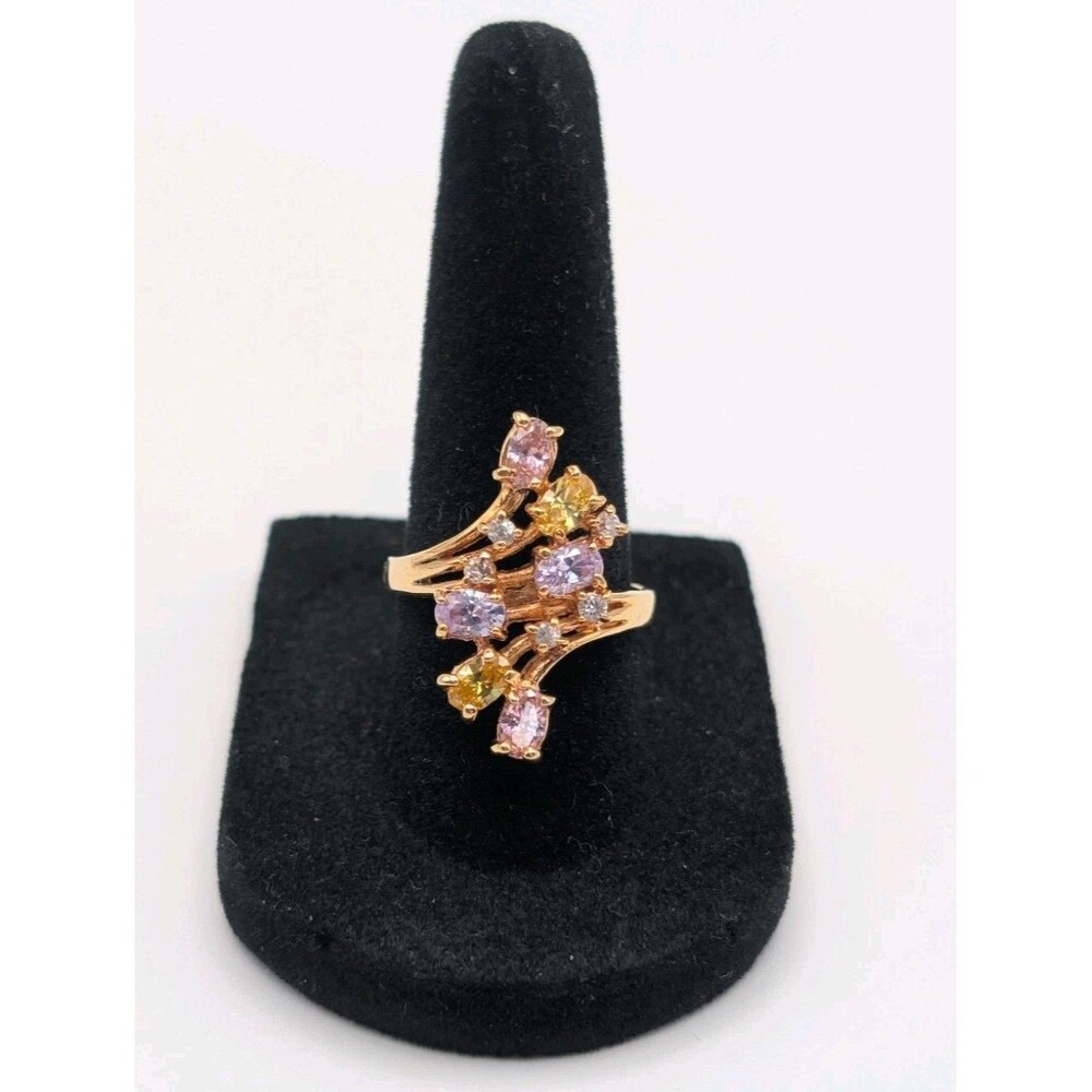 Vintage Multicolor Gem CZ Cluster Waterfall Ring Gold Electroplated Statement